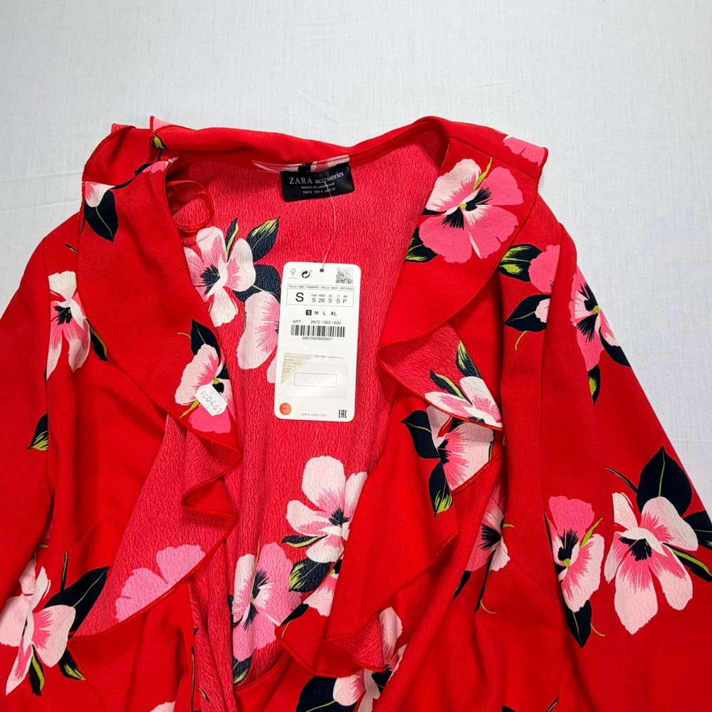 Zara Red Floral Ruffle Bodysuit Long Sleeve Wrap Tie New With Tags Size Small‎